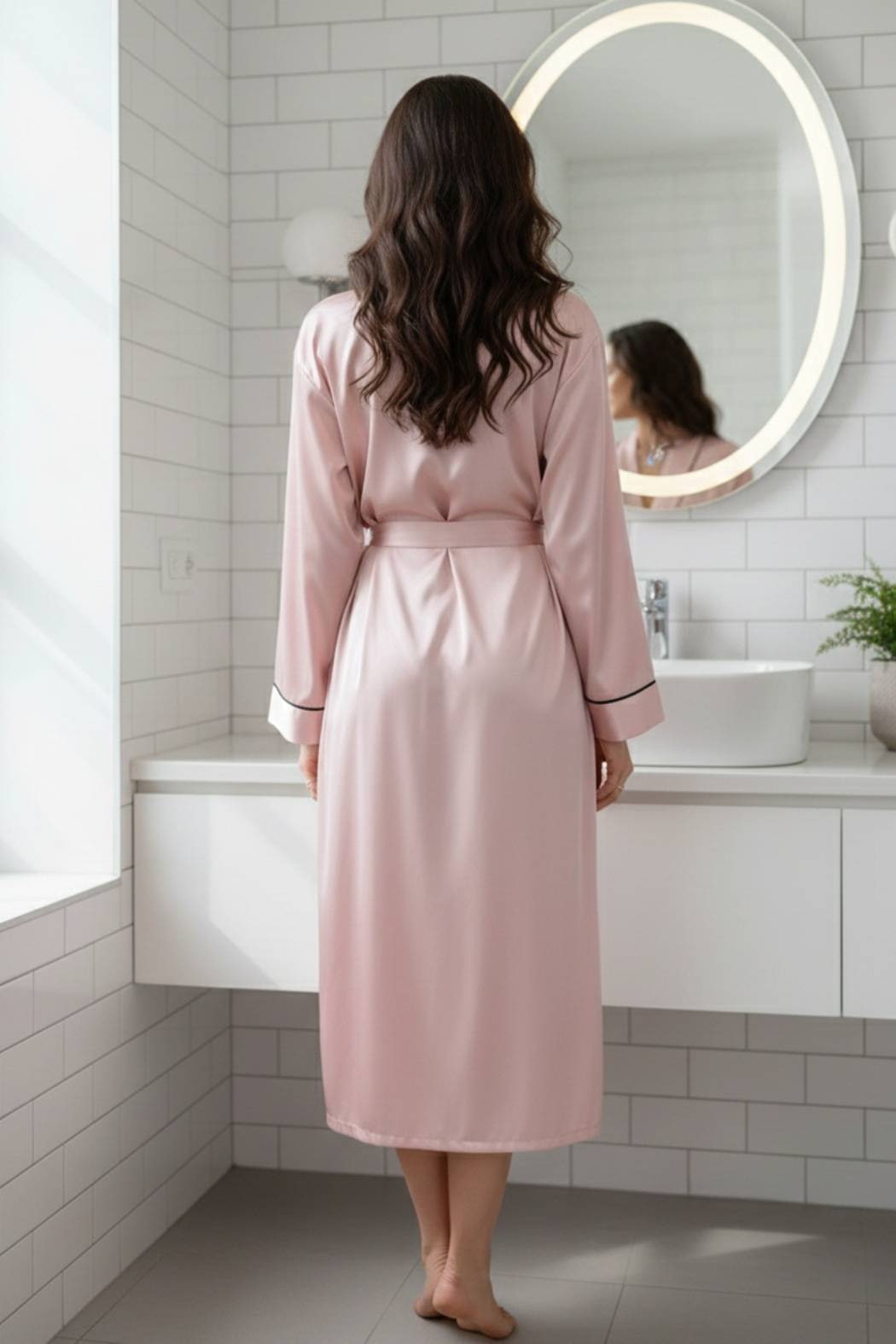 Femme de dos portant un kimono en satin rose, avec des manches longues, dans une salle de bain lumineuse