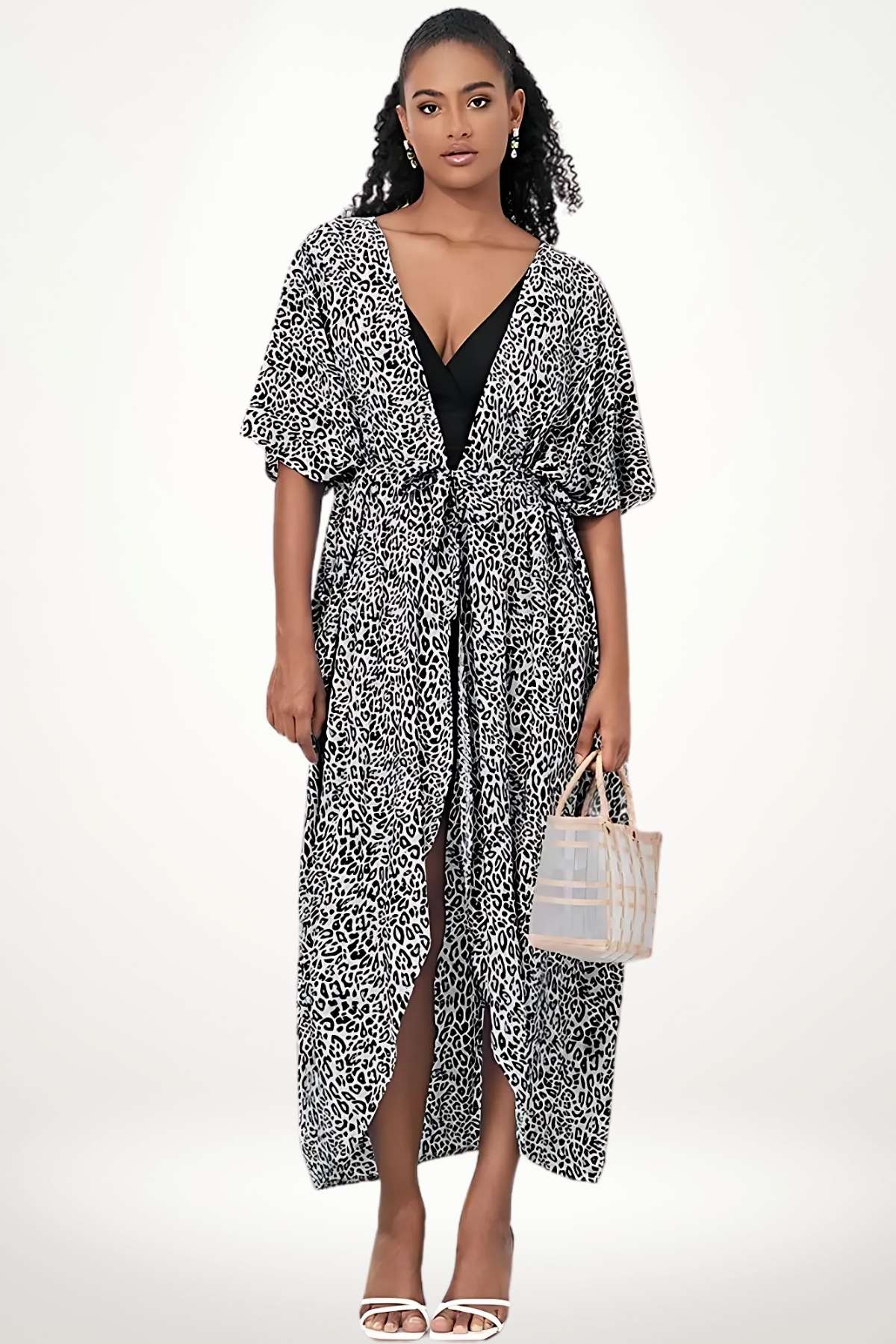 kimono femme plage long 132 cm motif léopard blanc noir élégant ceinture fluide été