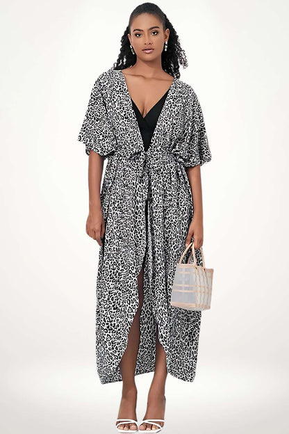 kimono femme plage long 132 cm motif léopard blanc noir élégant ceinture fluide été