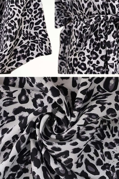 Tissu léger en noir et blanc avec motif léopard, drapé élégant et ceinture à nouer