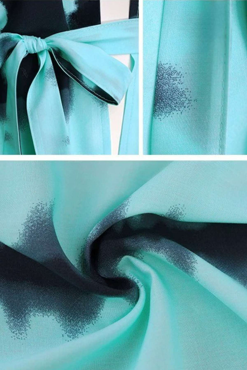 Tissu en dégradé de turquoise et noir, léger et fluide, avec un nœud élégant sur le devant