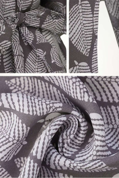 Tissu de kimono en gris avec motifs géométriques blancs, léger et fluide, idéal pour un style bohème