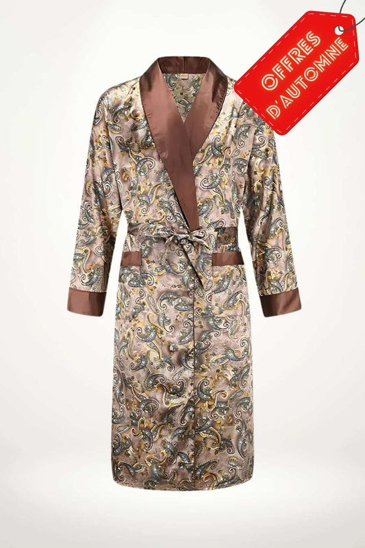 Kimono pour homme en satin luxueux, avec un motif paisley multicolore sur fond beige et des finitions brunes