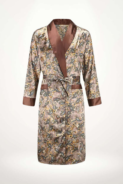 Kimono pour homme en satin luxueux, avec un motif paisley multicolore sur fond beige et des finitions brunes