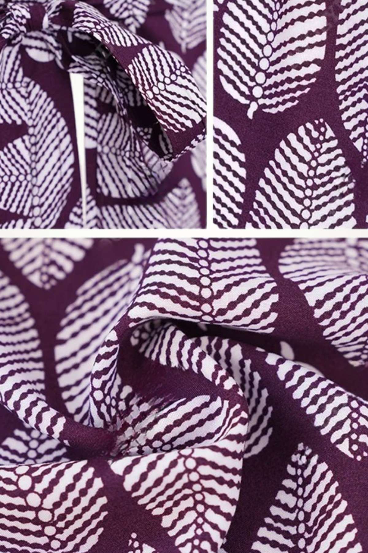 Tissu de kimono en violet avec motifs de feuilles blanches et lignes ondulées, drapé et texturé