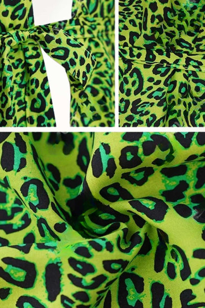 Tissu en satin vert vif avec motifs léopard noirs et verts, idéal pour un kimono élégant et confortable