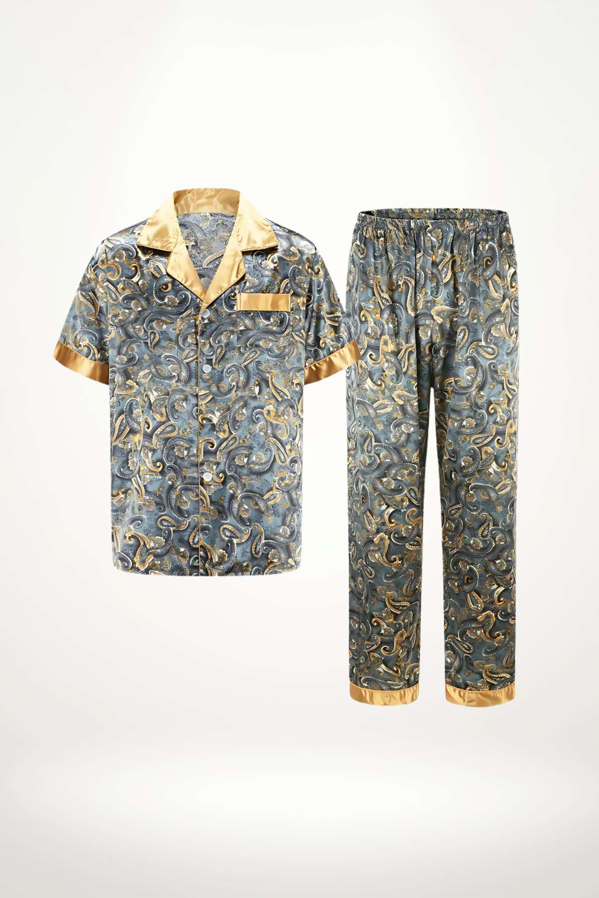 Ensemble de pyjama homme en satin bleu avec motifs dorés et finitions satinées beige, style chic et décontracté