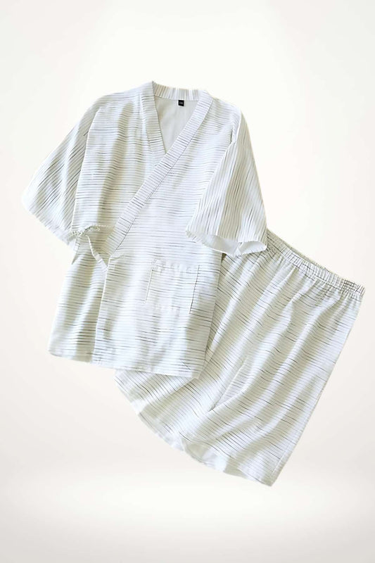 ensemble pyjama kimono homme blanc à rayures noires, en coton tissé léger, coupe courte style japonais pour nuits estivales ou détente élégante