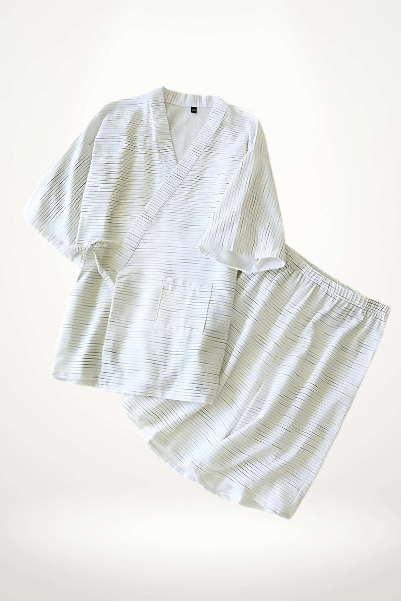 Kimono pyjama pour homme en tissu léger, à rayures blanches et noires, avec manches larges et short assorti