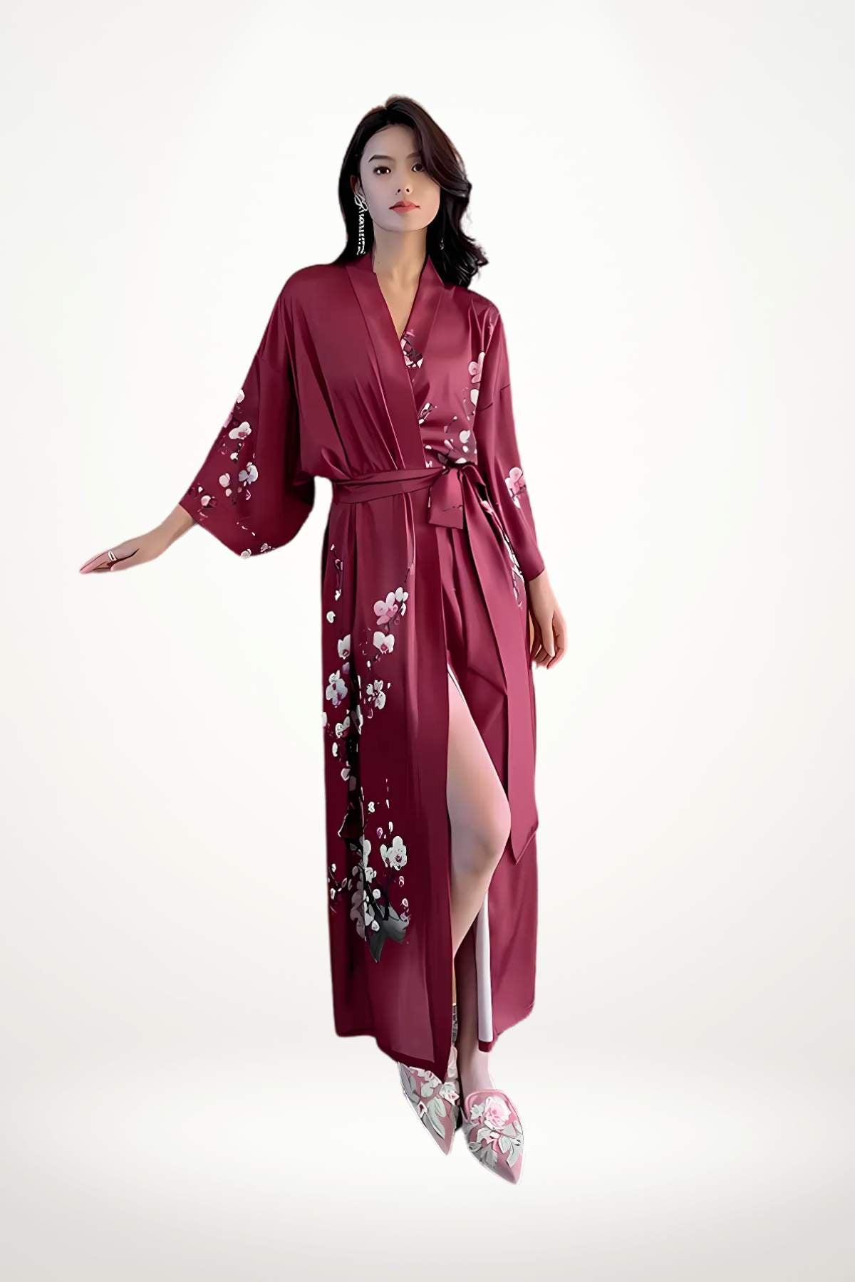 kimono long satin lie-de-vin motif floral cerisier
