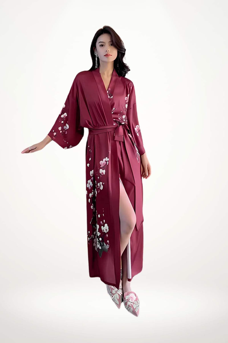 kimono long satin lie-de-vin motif floral cerisier
