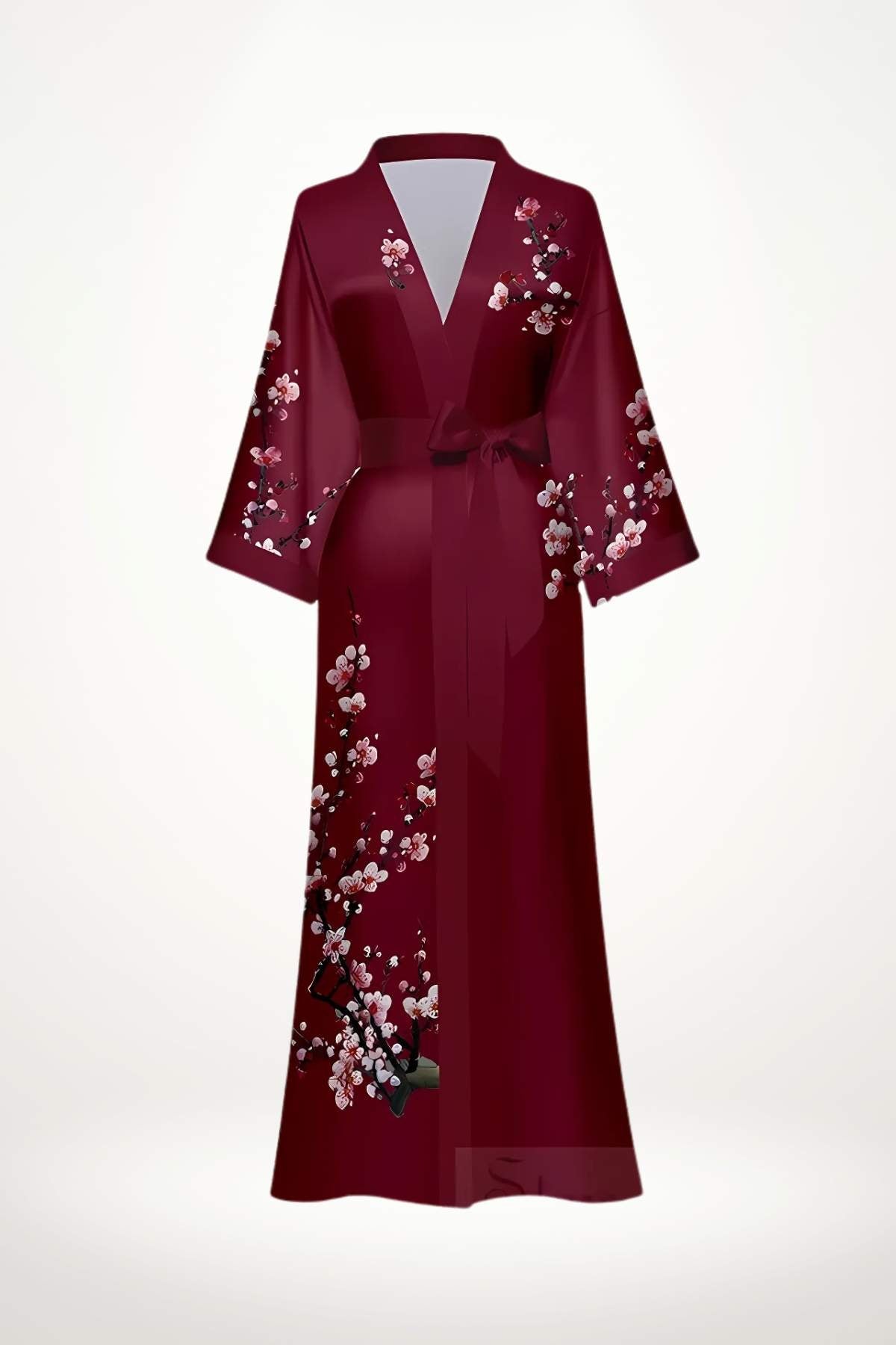 kimono long satin lie-de-vin motif floral cerisier
