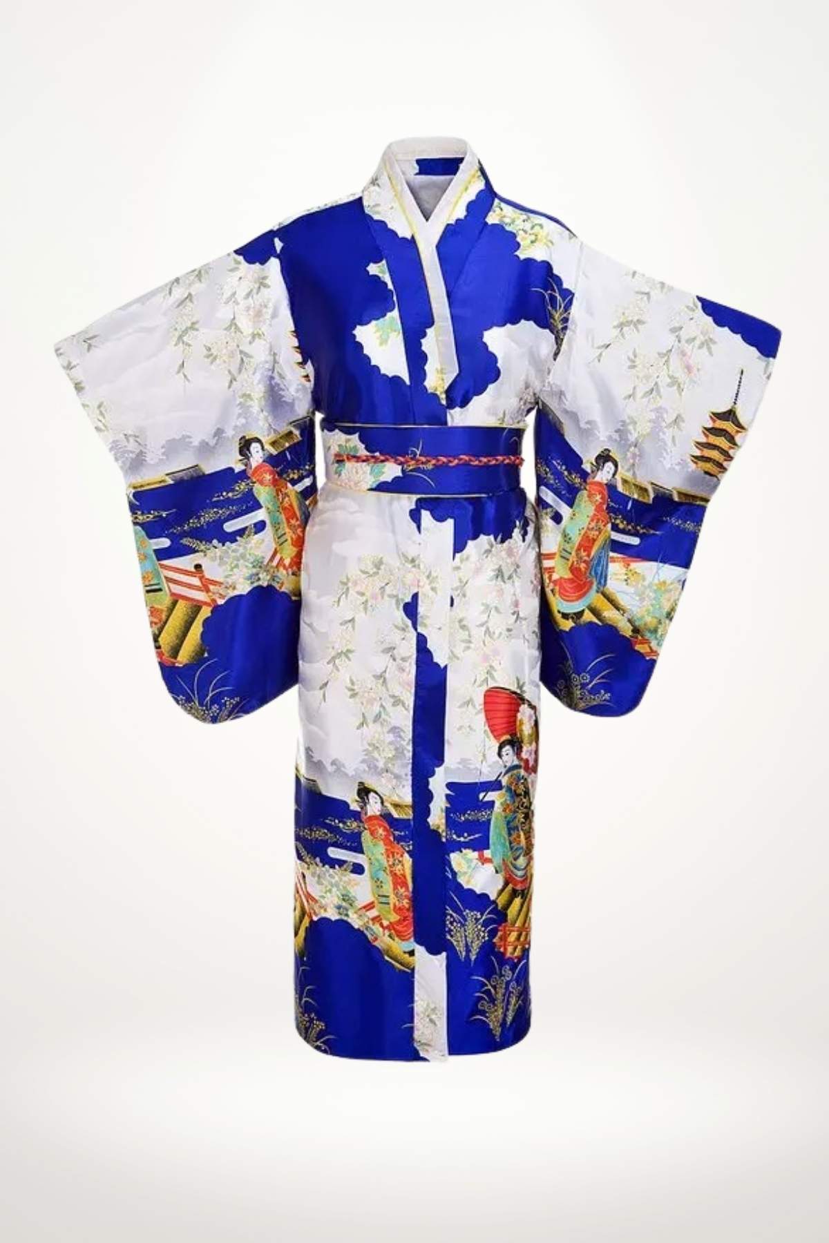 Kimono en satin bleu et blanc, avec motifs floraux et figures japonaises, offrant brillance et élégance