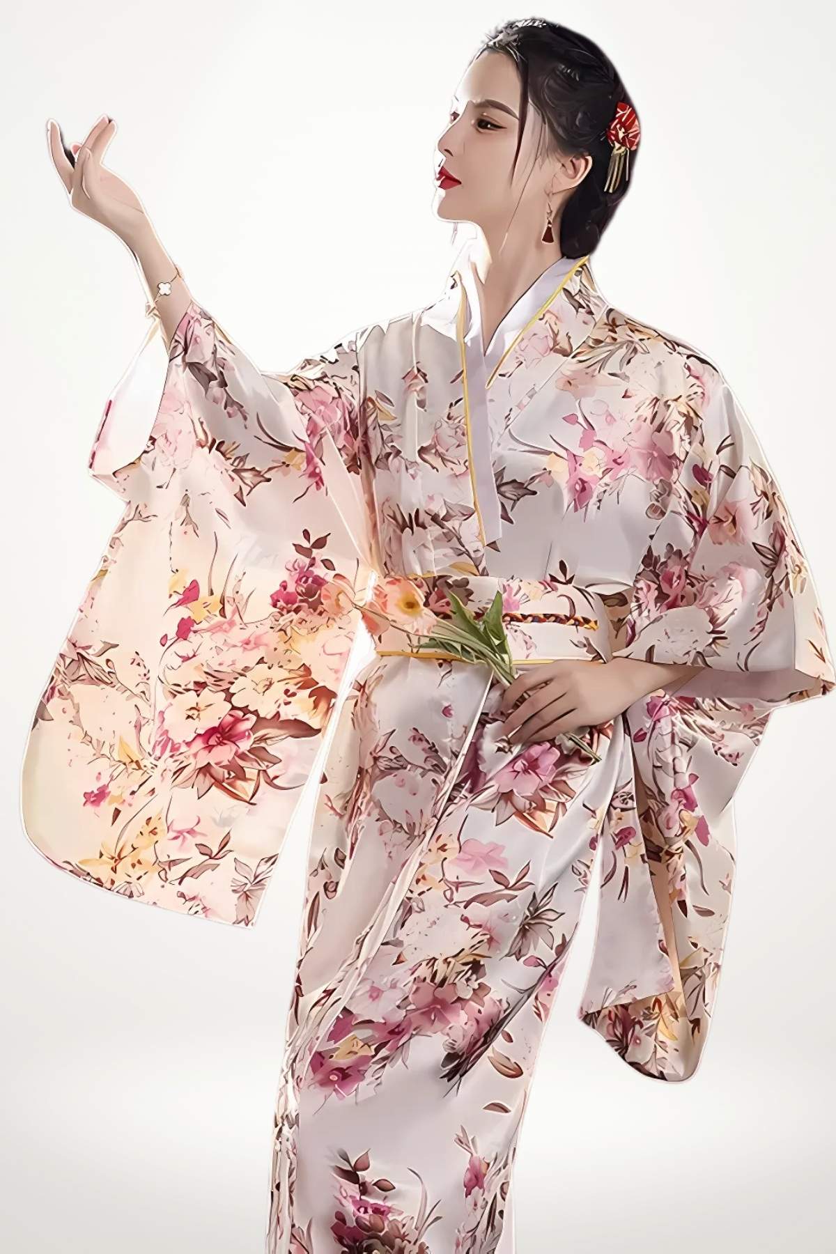 Femme en kimono long en satin pastel à motifs floraux japonais, coupe traditionnelle et ceinture tressée.
