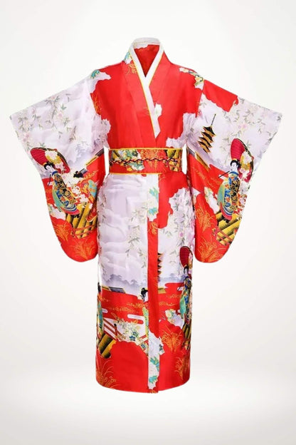 Kimono en satin rouge vif avec motifs floraux et figures japonaises, manches larges et ceinture ornée
