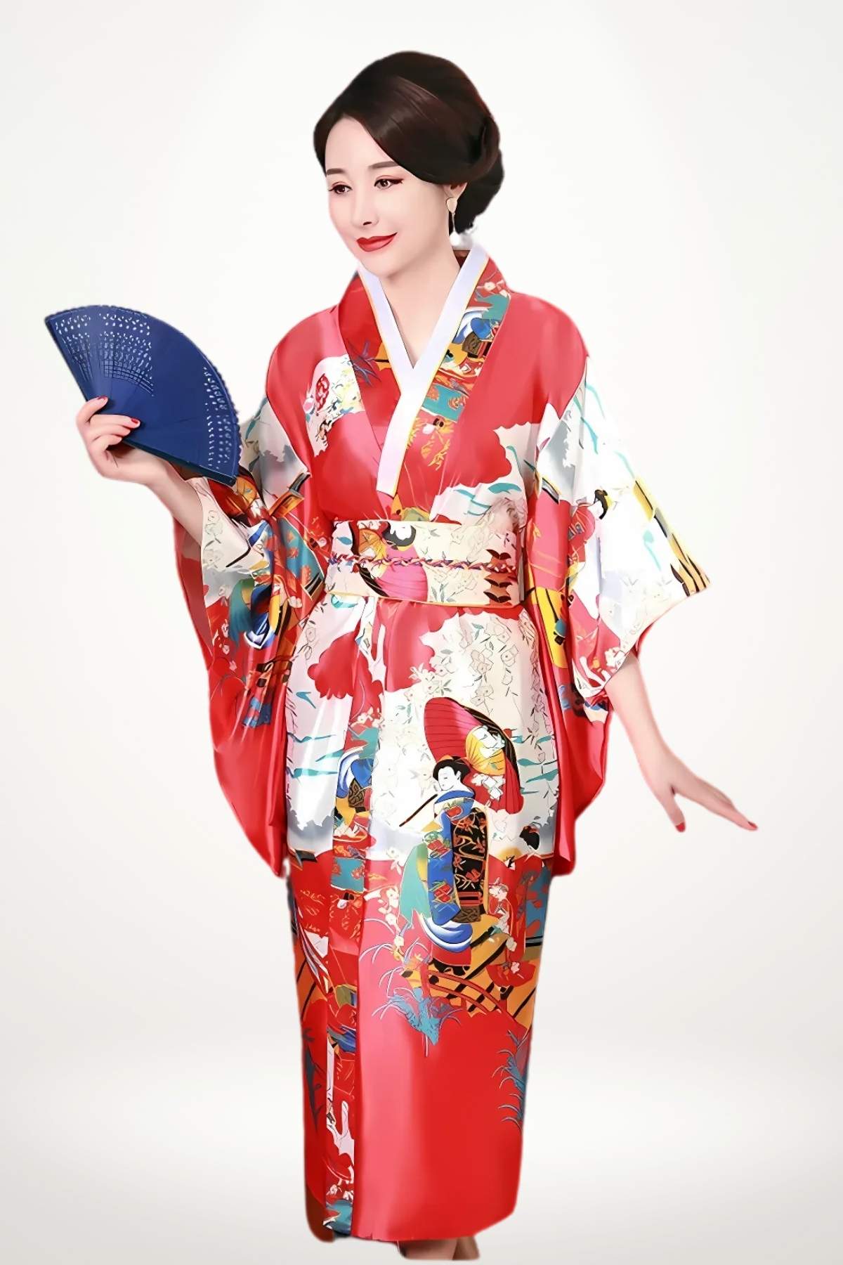 Femme debout en kimono long rouge et blanc en satin, motifs geishas et pagodes, ceinture obi tressée.
