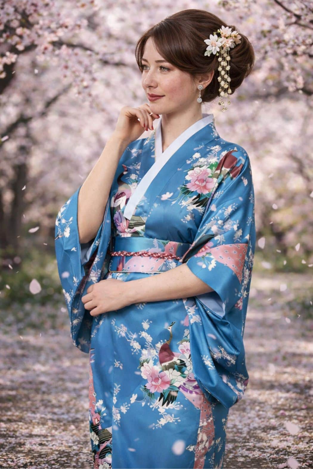 Femme en kimono satin bleu orné de fleurs, posant dans un décor de cerisiers en fleurs