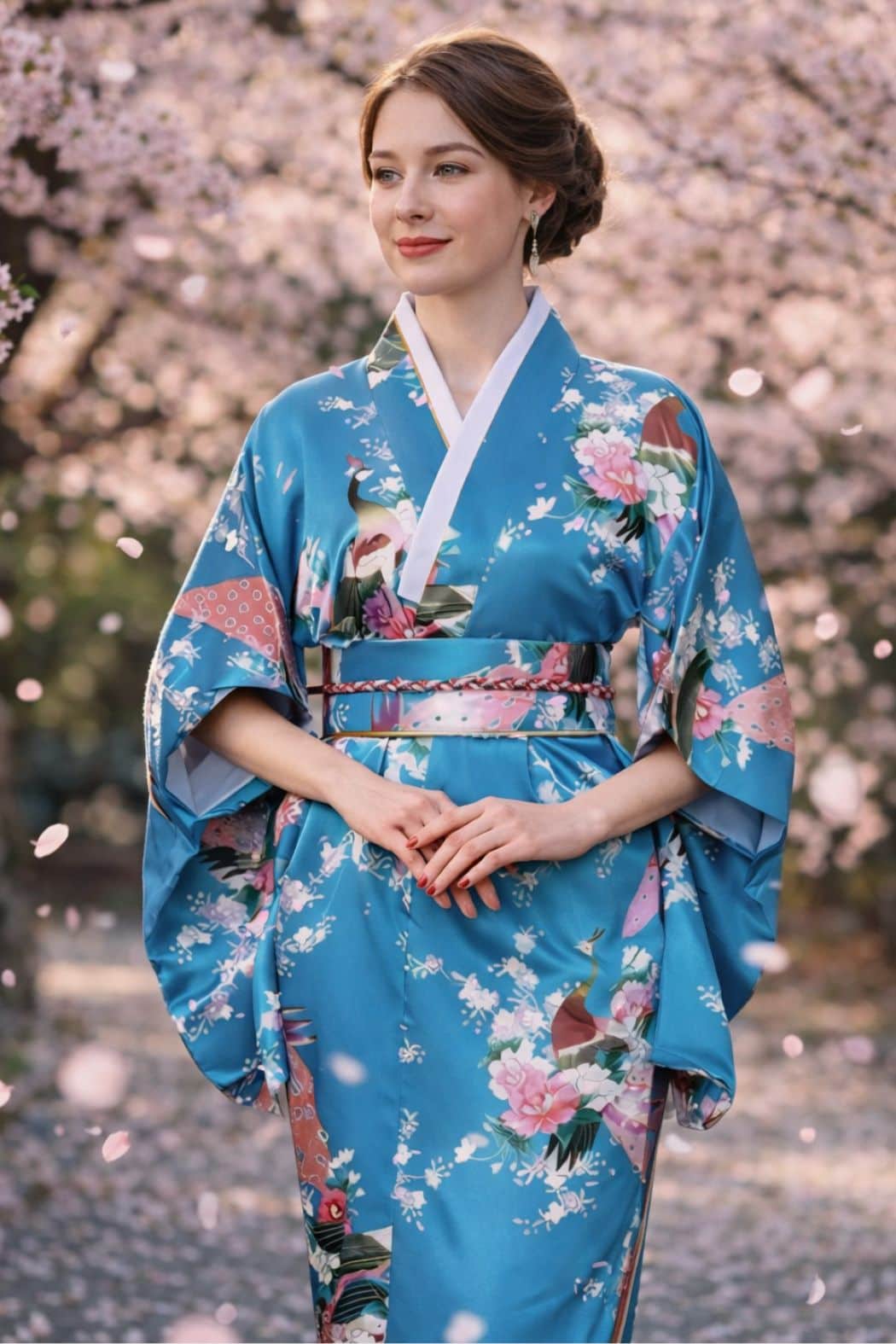 Femme en kimono satin bleu orné de fleurs, posant dans un décor de cerisiers en fleurs