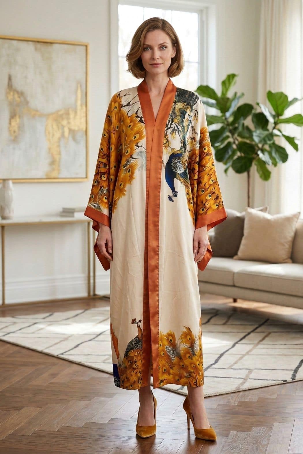 Femme en kimono satin beige orné de motifs colorés, se tenant debout dans un intérieur lumineux et moderne