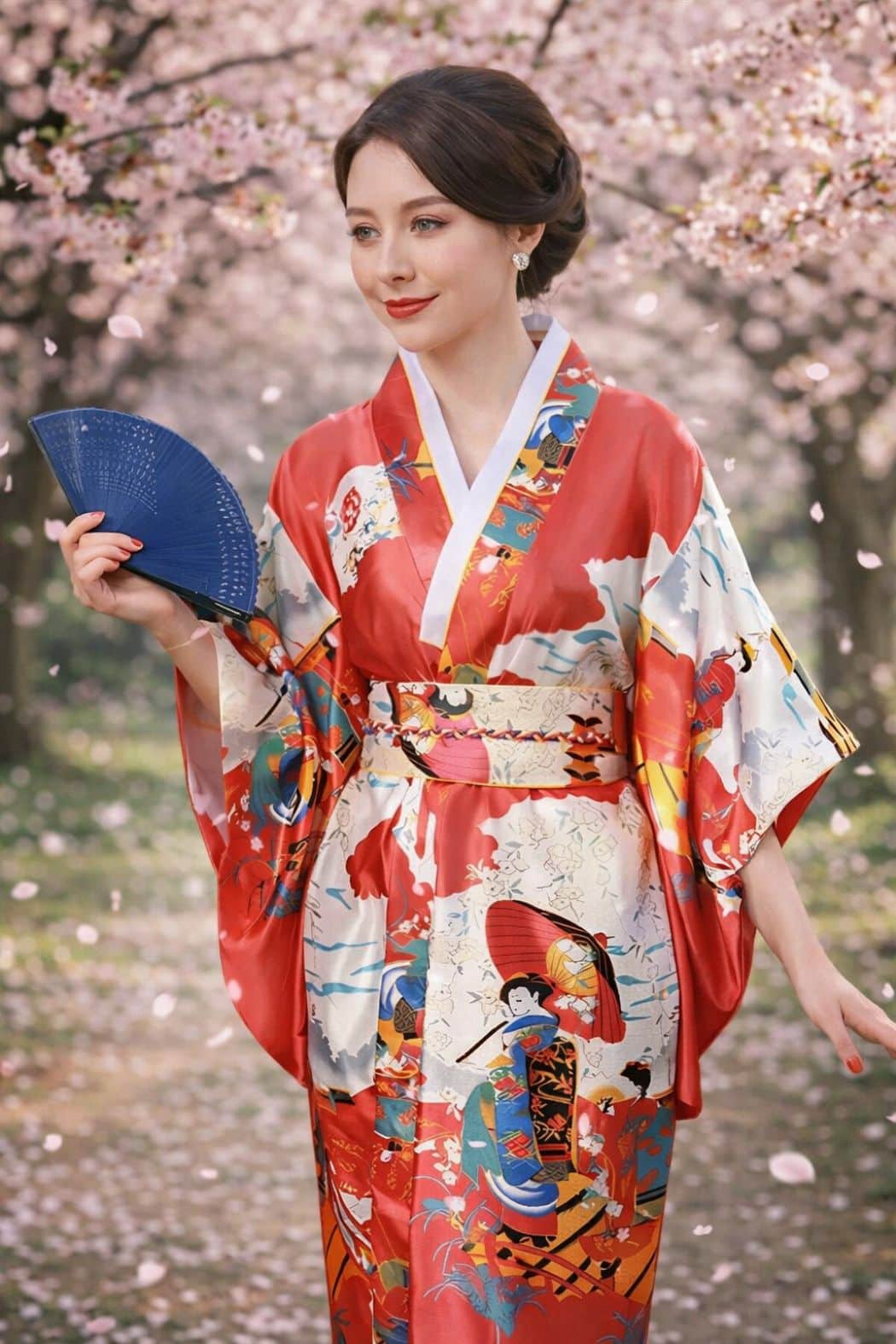 Femme en kimono satin rouge décoré, tenant un éventail bleu, dans un décor de cerisiers en fleurs