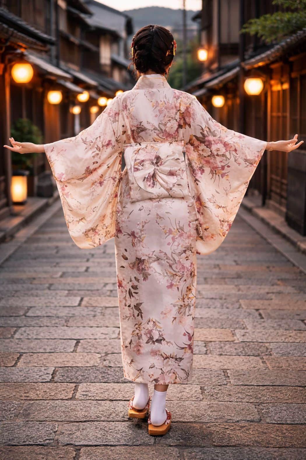 Femme en kimono satin aux motifs floraux, se tenant dans une rue pavée, éclairée par des lanternes