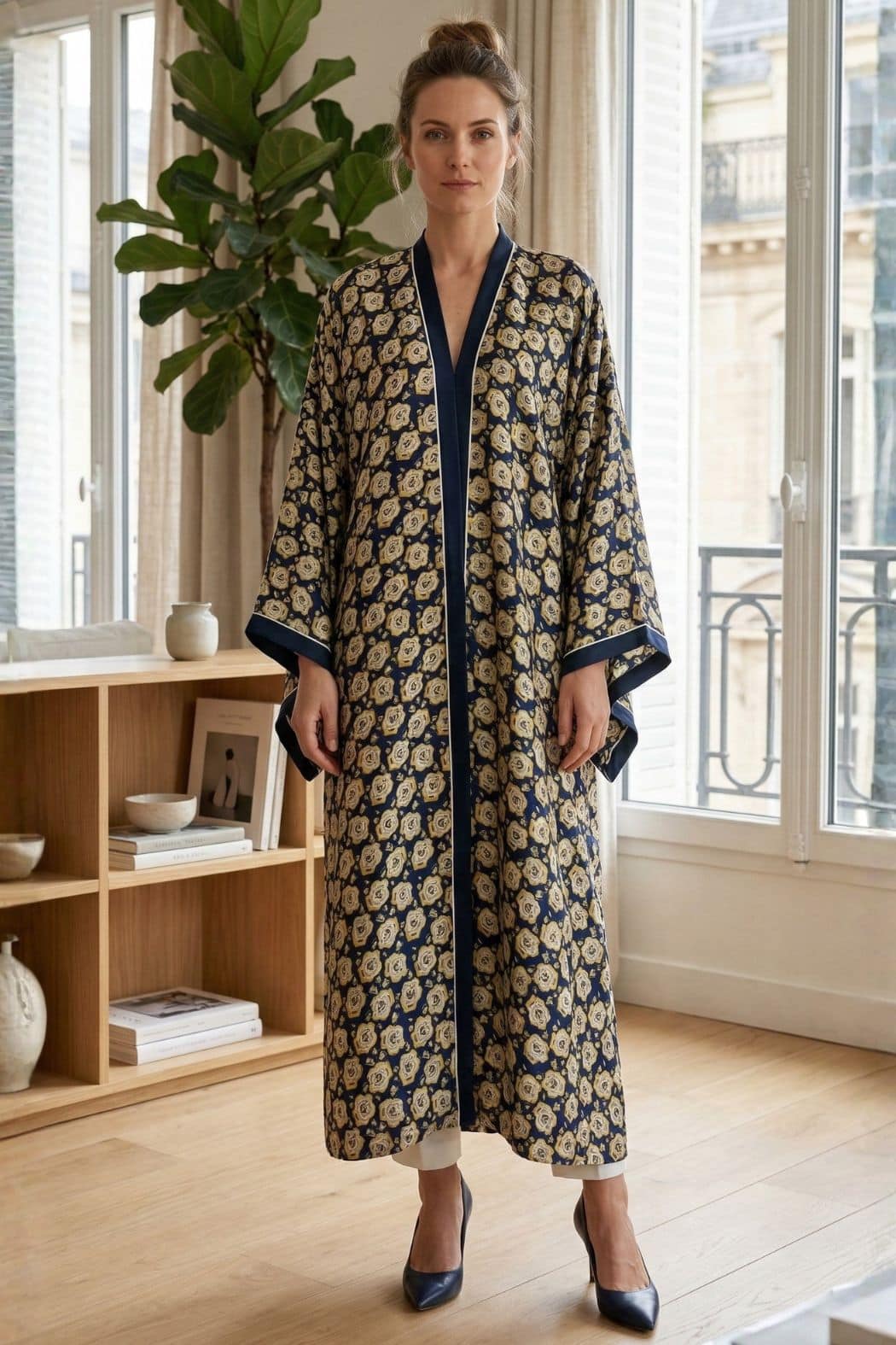 Femme portant un kimono en satin bleu marine à motifs floraux, debout dans un intérieur lumineux et élégant
