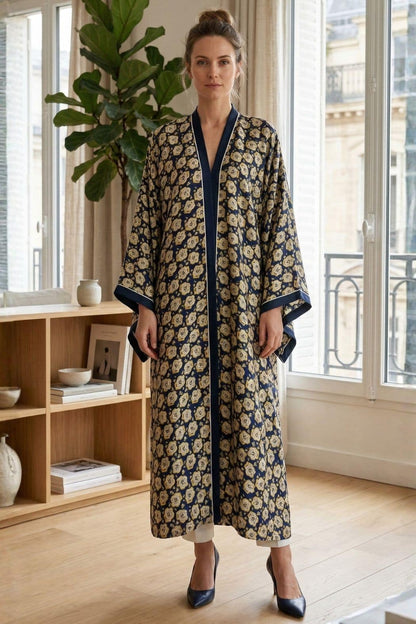 Femme portant un kimono en satin bleu marine à motifs floraux, debout dans un intérieur lumineux et élégant