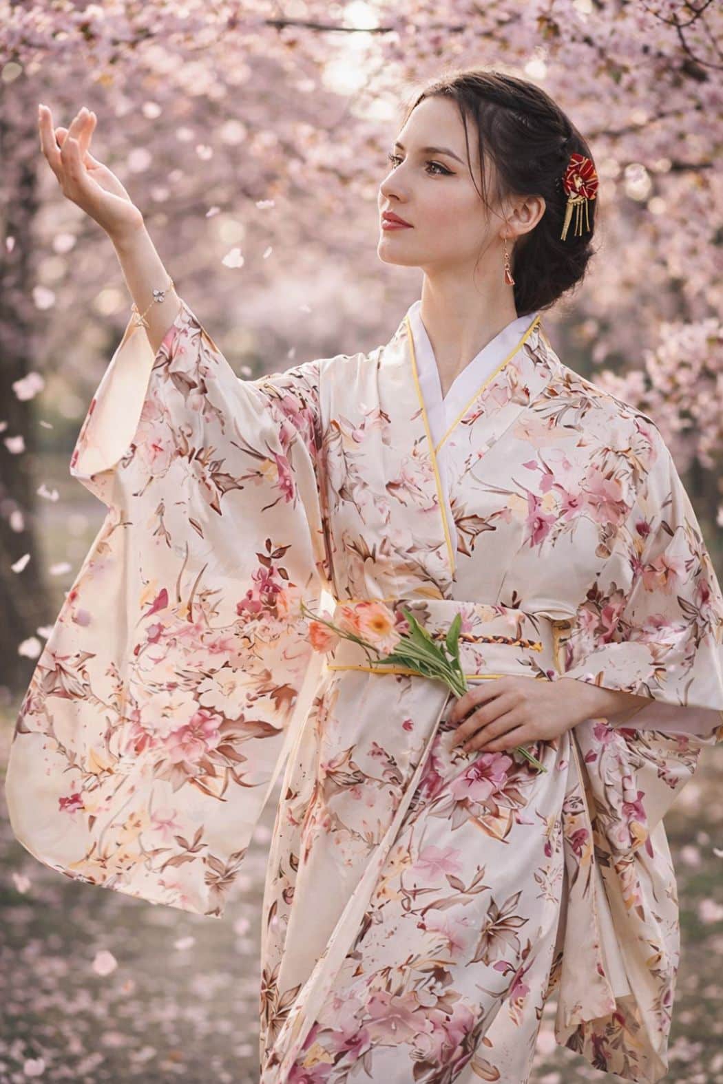 Femme en kimono satin aux motifs floraux, se tenant sous des cerisiers en fleurs, avec des pétales tombants autour d'elle