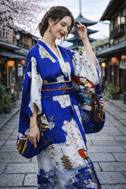 Femme en kimono satin bleu, motifs floraux et pagodes, dans une ruelle traditionnelle avec lanternes