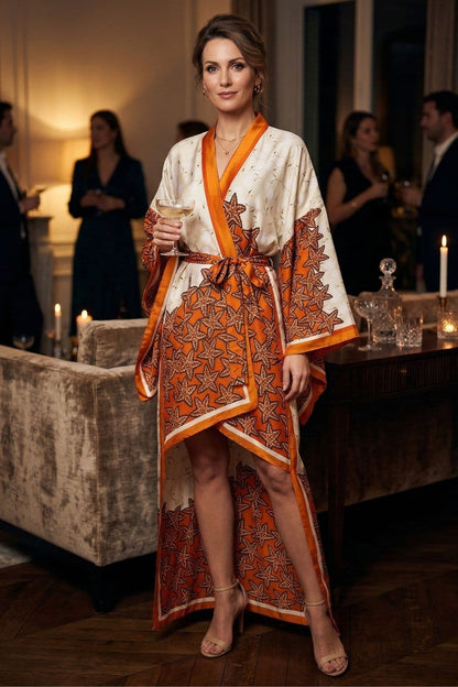 Femme en kimono satin aux motifs d'étoiles orange, posant avec un verre dans un décor élégant et chaleureux