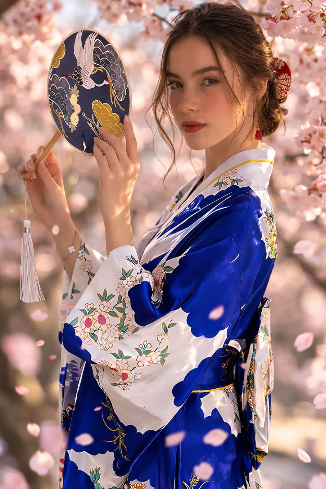 Femme en kimono satin bleu avec motifs floraux, tenant un éventail, entourée de fleurs de cerisier