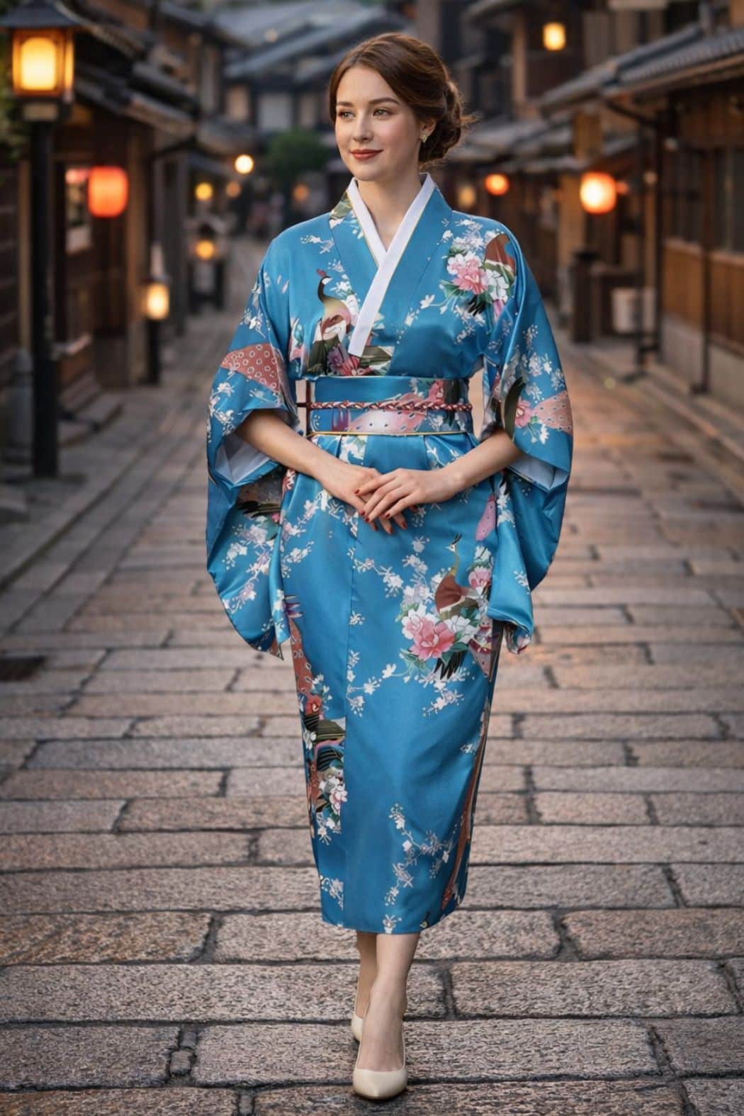 Femme portant un kimono satin bleu orné de motifs floraux, marchant dans une ruelle traditionnelle avec des lanternes