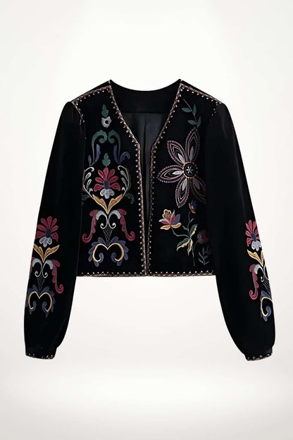 Kimono femme en velours noir brodé de motifs floraux multicolores, manches longues et finition satinée.