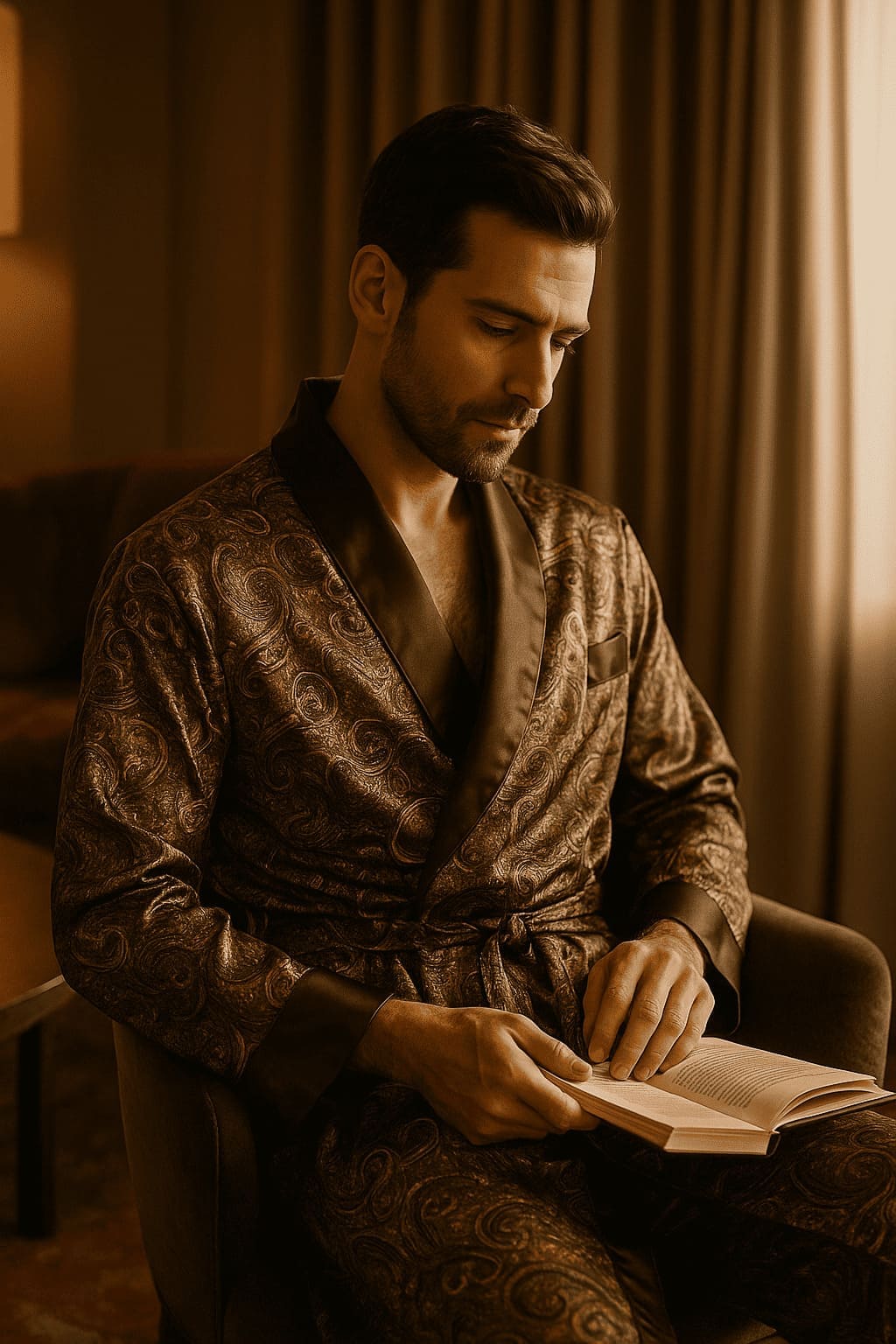 Homme assis en peignoir satin marron