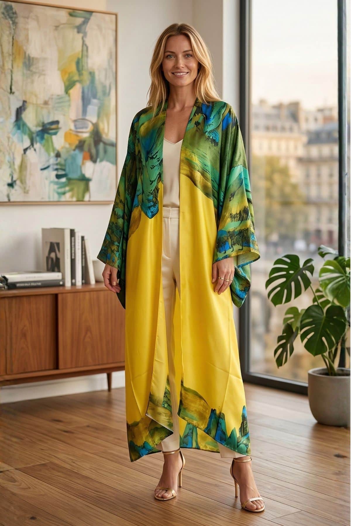 Femme souriante portant un long kimono aux motifs verts et jaunes, dans un décor moderne avec des plantes