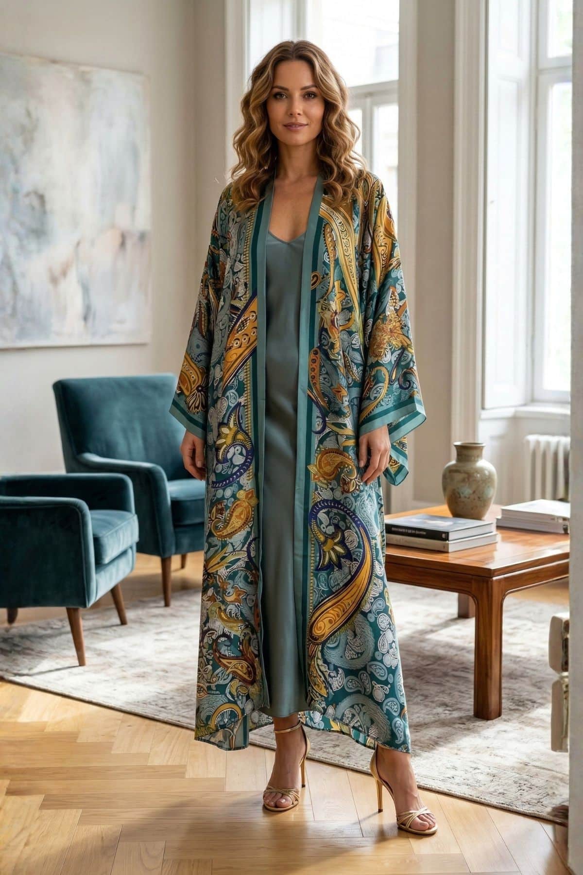 Une femme porte un long kimono en satin aux motifs colorés, dans un décor moderne et lumineux