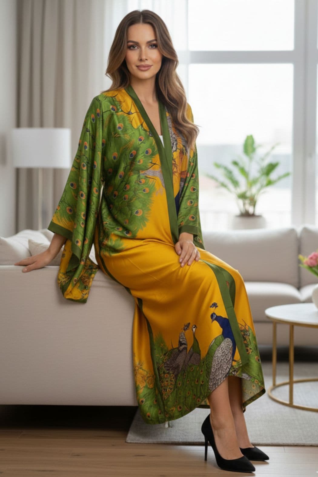 Femme assise sur un canapé, portant un kimono satin jaune et vert avec des motifs de paons, décor intérieur moderne