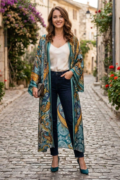 Femme souriante portant un long kimono en satin aux motifs colorés, dans une ruelle pavée bordée de fleurs