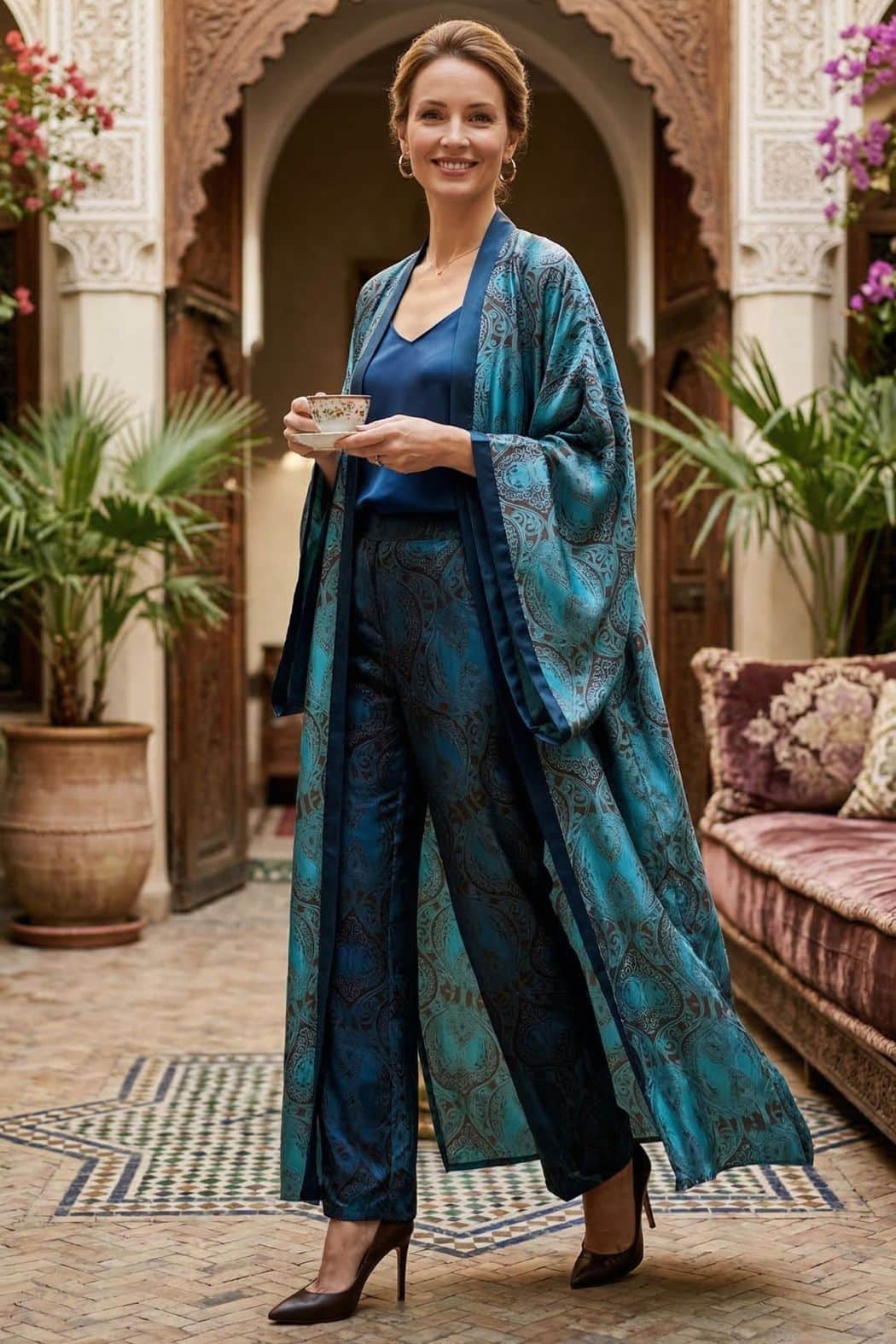 Femme souriante en kimono satin bleu et vert, tenant une tasse, dans un décor marocain élégant