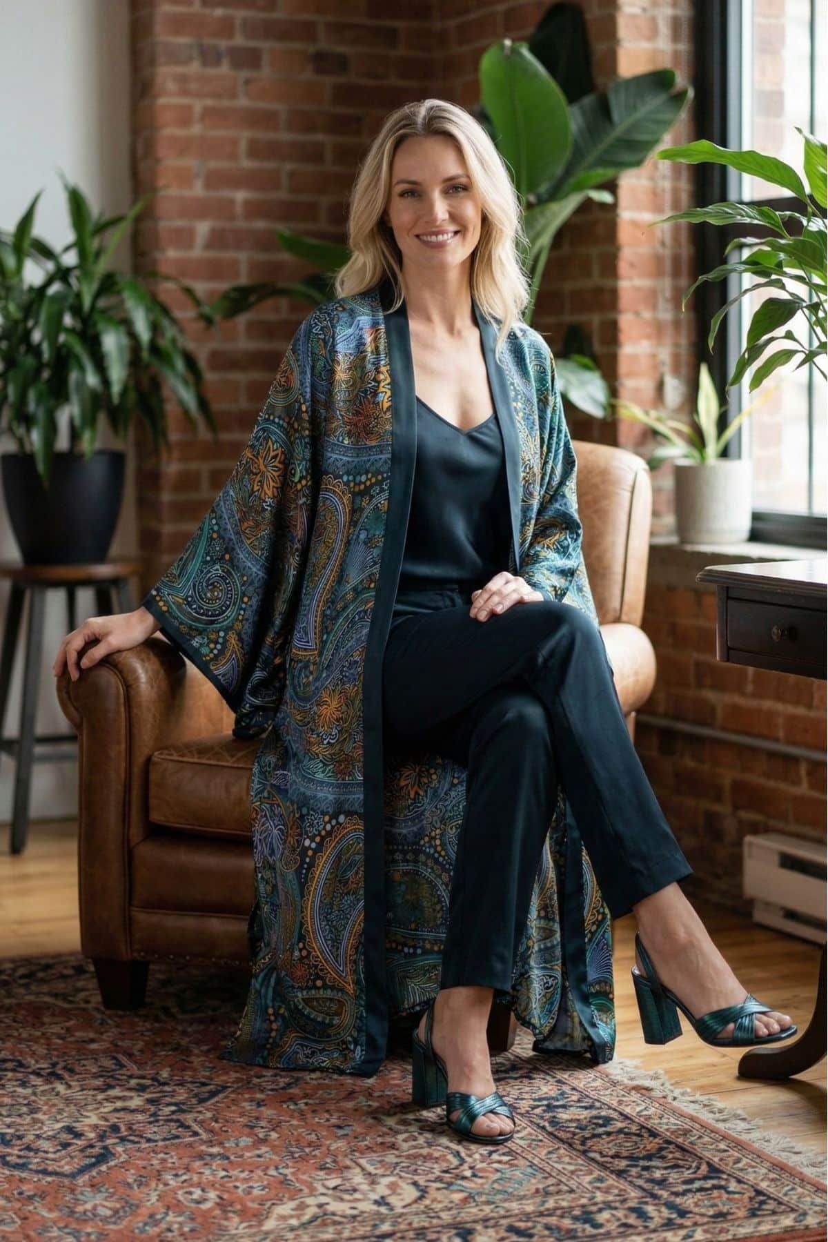 Femme souriante portant un long kimono aux motifs colorés, assise sur un canapé en cuir dans un décor chaleureux