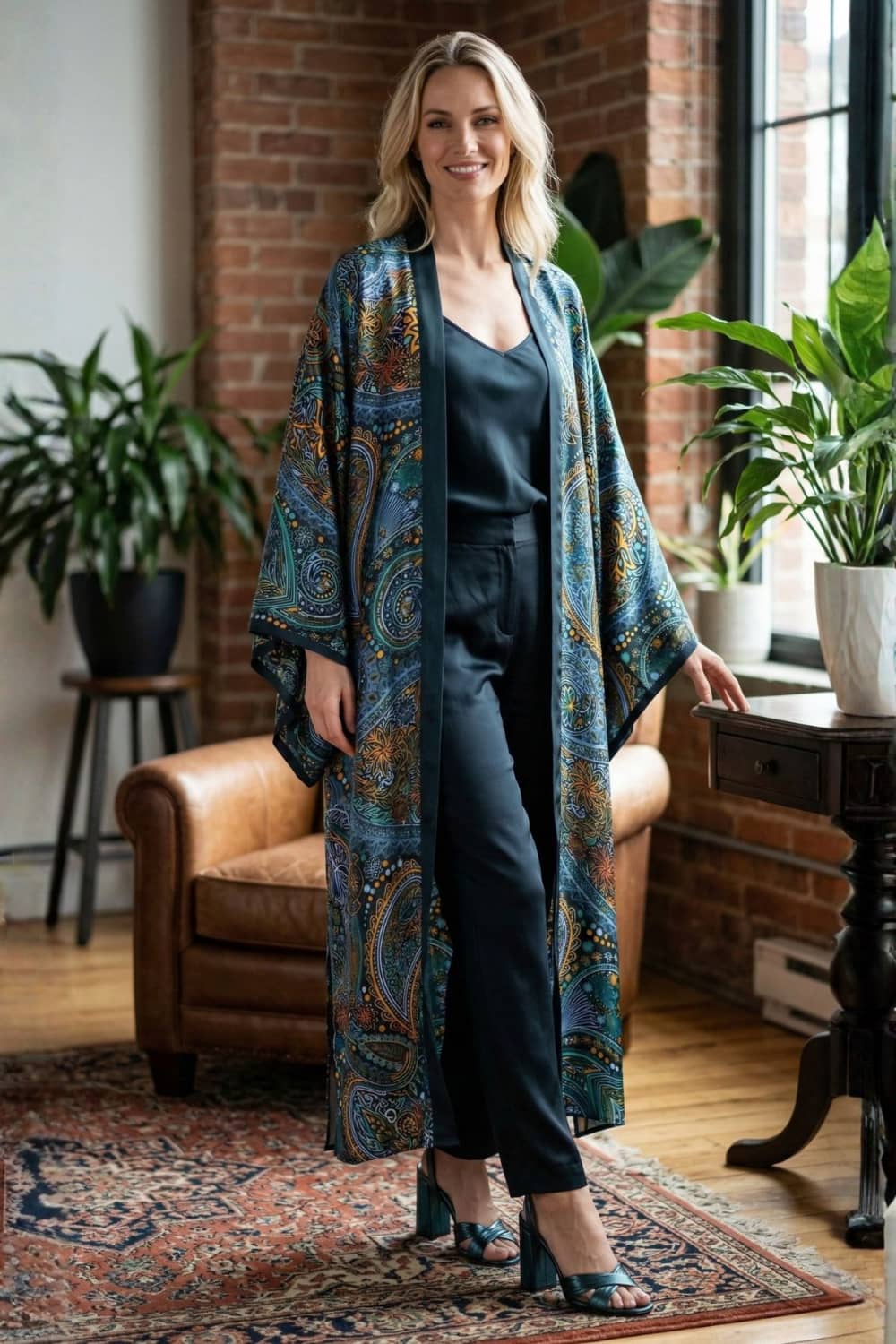 Femme souriante portant un long kimono satin aux motifs colorés, dans un intérieur lumineux avec des plantes