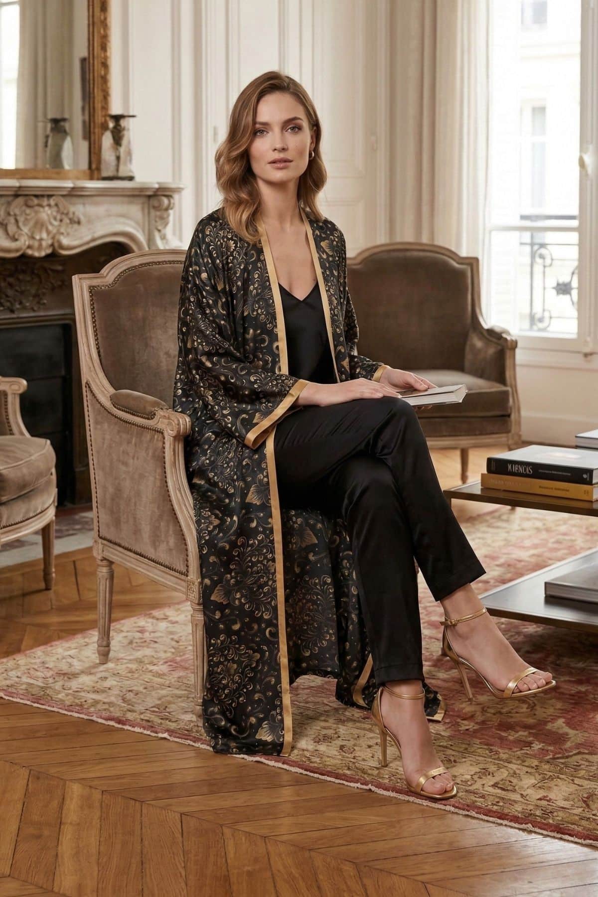 Femme assise dans un fauteuil, portant un kimono satin noir avec motifs dorés et un pantalon noir, décor élégant