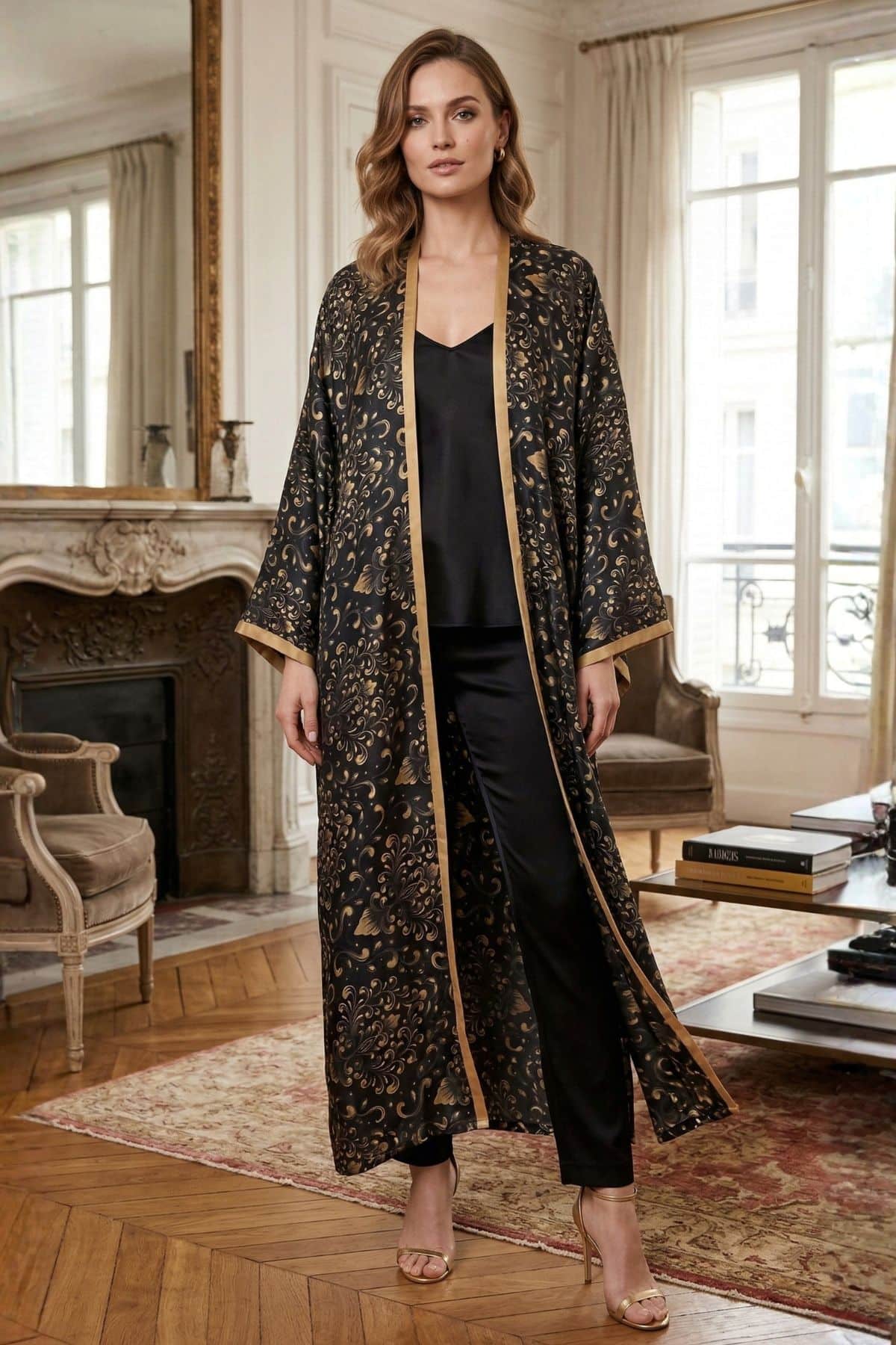 Femme portant un long kimono en satin noir avec motifs dorés, dans un décor élégant et lumineux