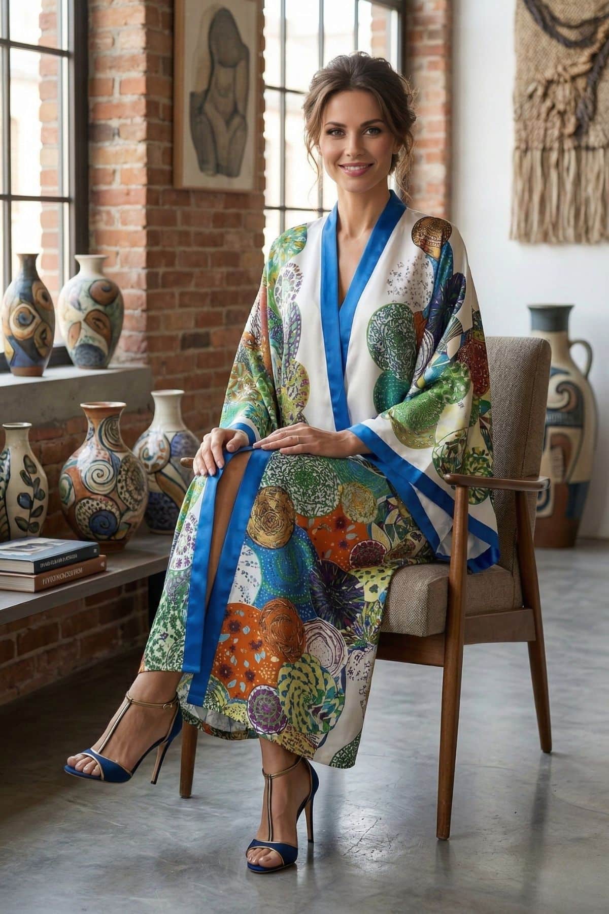 Femme assise portant un long kimono coloré avec des motifs floraux, décor moderne et pots en céramique en arrière-plan