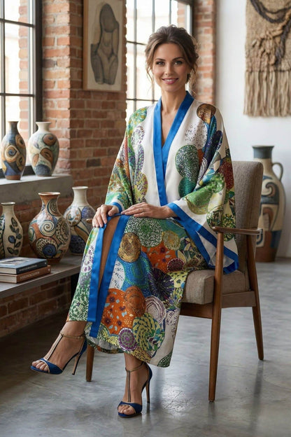 Femme assise portant un long kimono coloré avec des motifs floraux, décor moderne et pots en céramique en arrière-plan