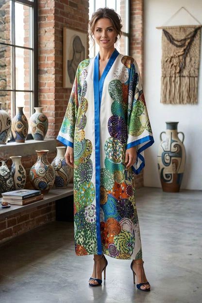Une femme porte un long kimono coloré avec des motifs ronds, dans un intérieur moderne et lumineux