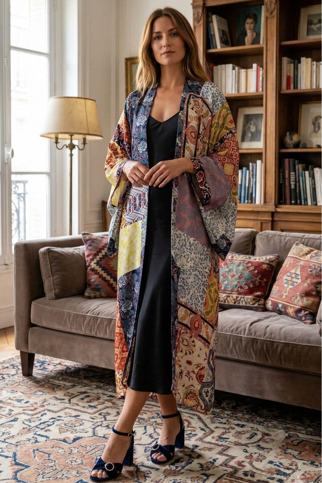 Femme portant un long kimono coloré avec des motifs variés, debout dans un salon élégant