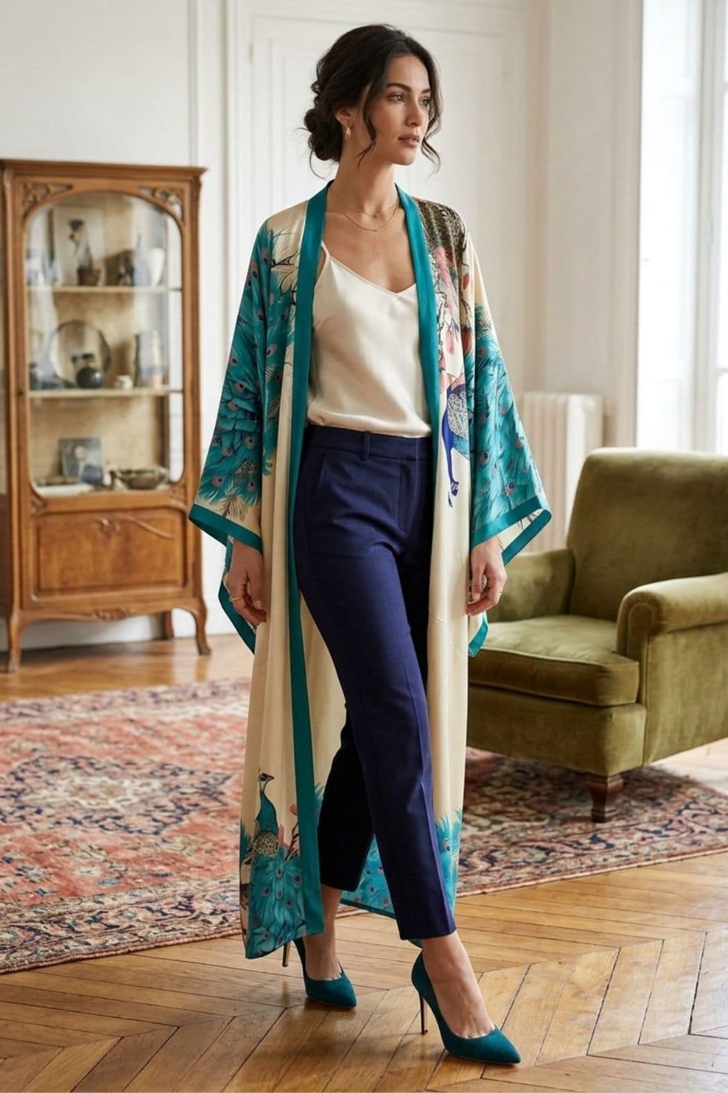 Femme portant un long kimono élégant aux motifs colorés, avec un pantalon bleu marine et des escarpins verts, dans un