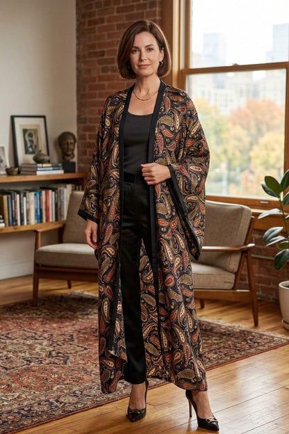 Femme portant un kimono long en satin aux motifs paisley, dans un décor intérieur chaleureux avec un canapé et des