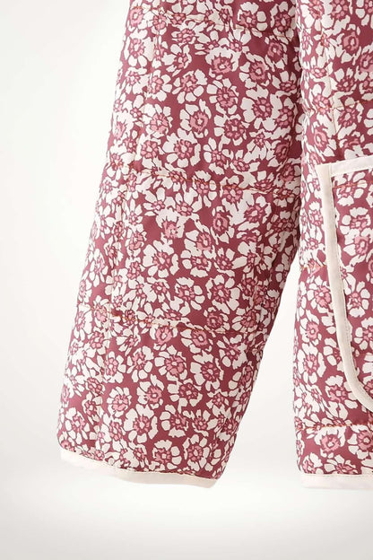 Manteau kimono matelassé femme imprimé floral bordeaux et blanc, col mao, poches plaquées, tissu polyester-rayonne-acétate.